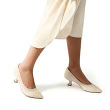 Women's Kitten Heels Pointed Toe Work Pumps Comfortable Knitted Closed Toe Solid Color Dress Wedding Shoes For Casual, Formal, And Commute Wear - Màu be - Xem 3