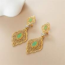 Classic Moroccan Style Golden Drop Hollow Floral Carved Arabic Wedding Jewelry Earrings, For Party Everyday Wear