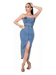 Vestido Mezclilla Con Abertura En Medio - Azul - Ver 1
