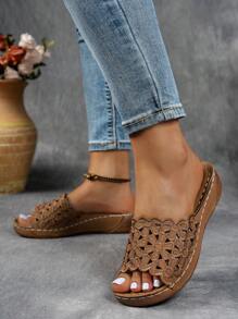 Women's Exported Cross-Stitched Metal Buckle Wedge Strap Sandals, Thick Sole Hollow Out Beach Slippers, Plus Size Wedge Platform Sandals