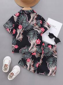 2 件套婴儿/幼儿男孩休闲热带图案印花翻领短袖衬衫和短裤套装，夏季