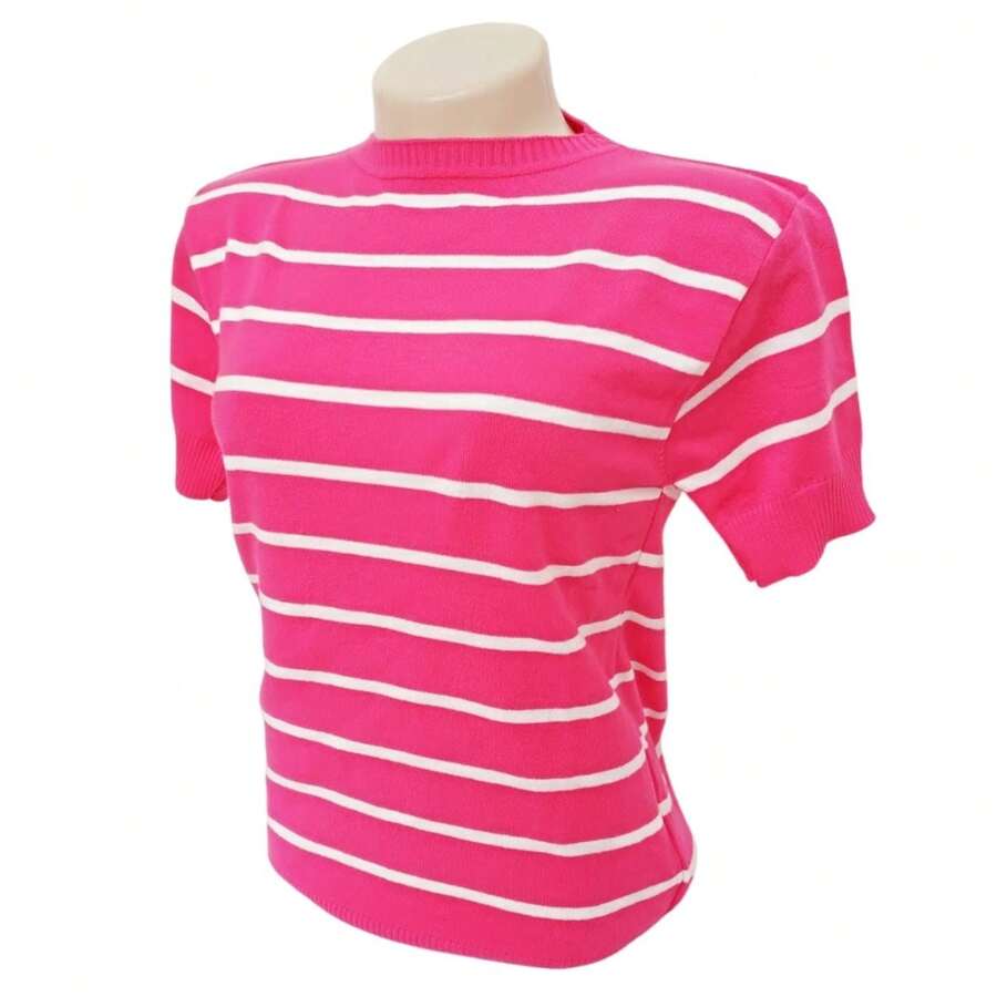 Striped Modal Blouse Short Sleeve Old Money Style Women's Fashion Spring Summer - 粉紅色與白色 - 查看 1