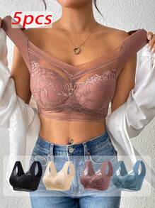 5pcs Floral Lace Decor Bra For Women, Sports Bra Comfy Breathable Full Coverage Wirefree Yoga Bra, Women's Activewear For Fall & Winter, Floral Lace Wireless Bralette Comfortable Full-Coverage Support, Breathable Lingerie For Everyday Wear - Màu hỗn hợp - Xem 2
