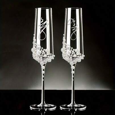 2pcs Elegant Pearl & Crystal Champagne Glasses - Handmade Calligraphic Design Transparent Glassware, Suitable For Weddings, Engagements, Valentine's Day, Mother's Day, Christmas, And Anniversary Gifts - Ideal For Family Gatherings, Parties And Special Occasions | Classic Champagne Flutes