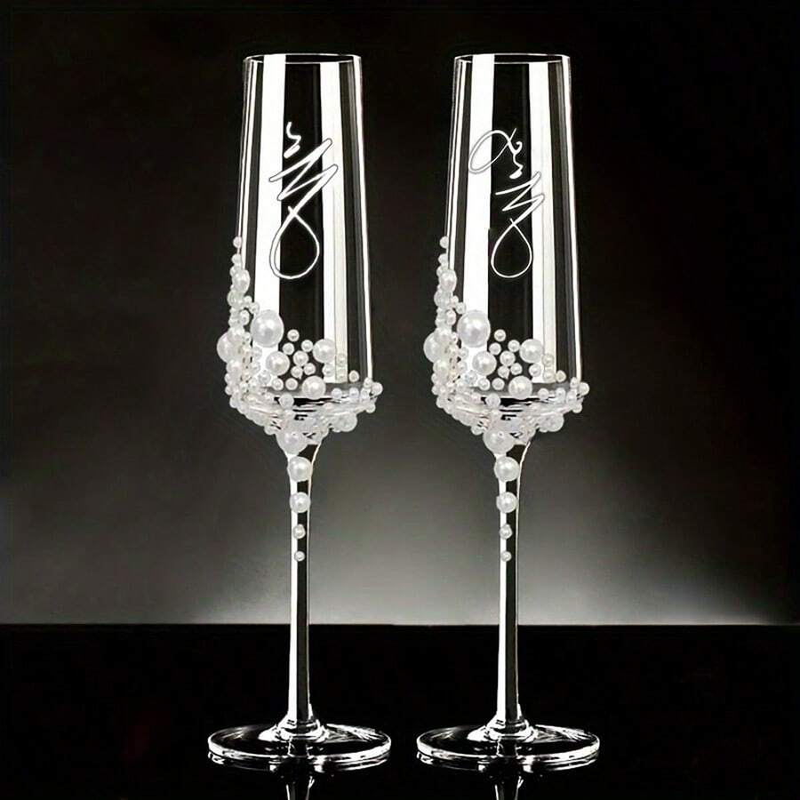 2pcs Elegant Pearl & Crystal Champagne Glasses - Handmade Calligraphic Design Transparent Glassware, Suitable For Weddings, Engagements, Valentine's Day, Mother's Day, Christmas, And Anniversary Gifts - Ideal For Family Gatherings, Parties And Special Occasions | Classic Champagne Flutes