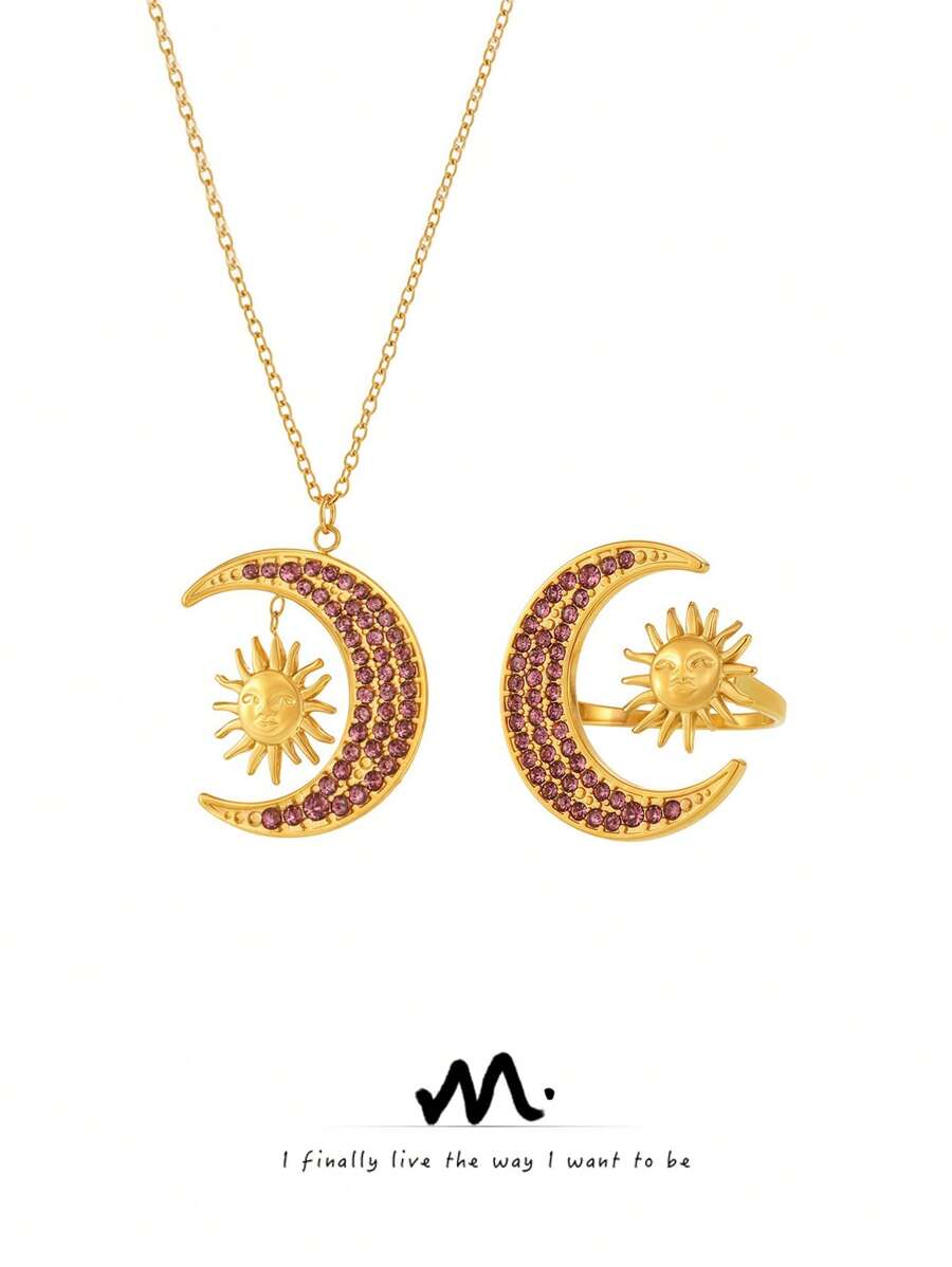 MiDuoDuo 2 件套不锈钢星星和月亮吊坠项链和戒指套装，女士简约日常珠宝