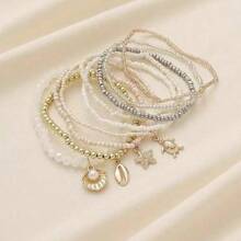 PHCOO 9pcs/Pack Bohemian Style Beaded Bracelets, Shell, Starfish, Turtle Designs, ABS Material, Suitable For Beach Vacation And Daily Wear