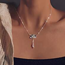 Elegant Lotus Tassel Pendant Necklace, Hypoallergenic, Antique Style Collarbone Chain Perfect Gift For Her, Daily Wear And Special Occasions - Bạc - Xem 5