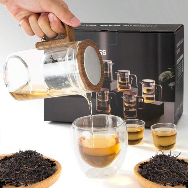 BouZaFoFa 600ml/800ml Glass Teapot,One-Button Filter Tea Kettle,Water Separation Glass Tea Pot With Infuse And Wooden Handle, For Blooming Tea & Loose Leaf Tea
