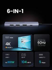 UGREEN 4K 60Hz USB C 集线器 USB C 加密狗适配器，带 PD 100W RJ45 HDMI 2.1 USB 3.0 端口 SD/Micro SD 读卡器，兼容 Think Pad T14 Pro Air M3 XPS 和更多 Type C 设备 - 灰色 - 查看 3