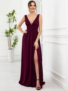 Spring V-Neck Slit Burgundy Bridesmaid Dress, Wedding Guest Dress, Elegant Women's Dress, Wedding Christmas Party Dress - Wine Red - View 7