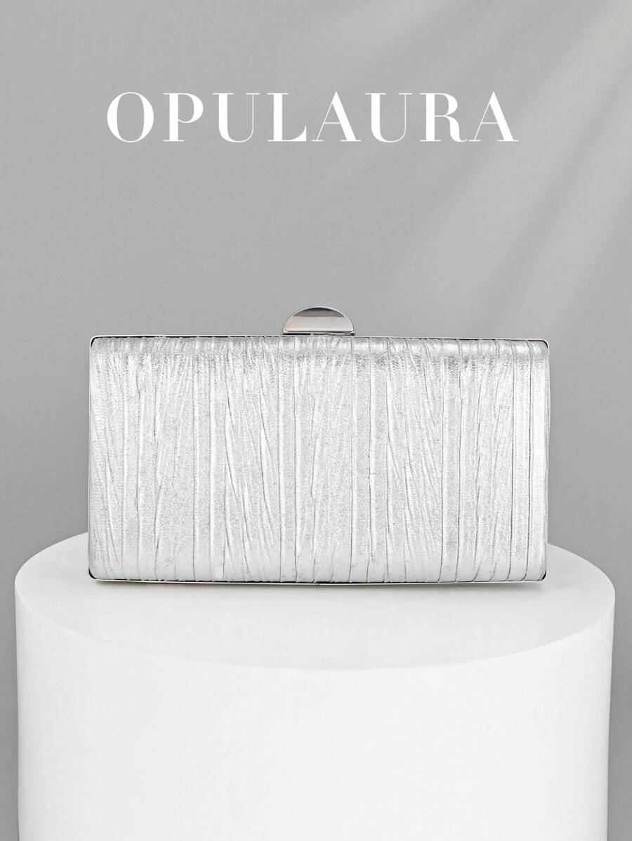 OpulAura 复古奢华手拿包,金色皮革褶皱设计时尚晚宴包,优雅正式派对钱包配链条,适合派对、婚礼和正式场合 - 銀色 - 查看 1