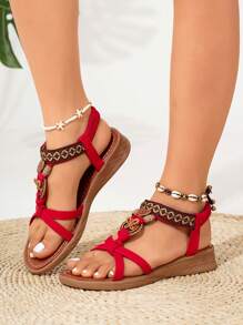 Women's Summer New Fashionable Lightweight Comfortable Handmade Woven Bohemian Style Outdoor Wearing Plus Size Wedge Sandals - Red - View 5