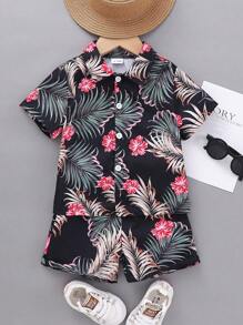 2 件套婴儿/幼儿男孩休闲热带图案印花翻领短袖衬衫和短裤套装，夏季