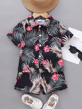 2 件套婴儿/幼儿男孩休闲热带图案印花翻领短袖衬衫和短裤套装，夏季