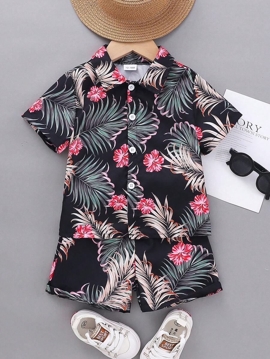 2 件套婴儿/幼儿男孩休闲热带图案印花翻领短袖衬衫和短裤套装，夏季