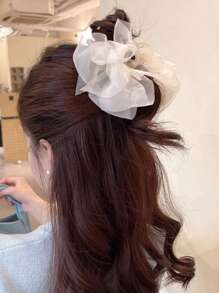 1 Pc Lace Tulle Bow Clip Hair Claw For Women, Large Clip For Updo Hair Clips Hair Jaw Clip Hair Clamps Hair Clutch Hair Catcher Clip Fall Winter Claw Clip Hair Accessories For Women For Vacation Outfits Woman - Beige Lace Bubble Grabber - View 3