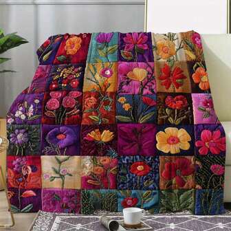 (2D 印花) 复古彩色花卉格子法兰绒毯 - 柔软、温暖、舒适，适合沙发、床、汽车、办公室、露营 | 四季礼品毯，复古风格
