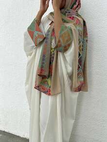 1pc Women Embroidered Geometric Pattern Abaya, Elegant & Fashionable, Linen Boho Style Long Robe, Suitable For Daily Life, Festivals, Gatherings, Modest Kaftan - White - View 3