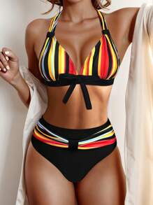 1 Set Women's Color Striped Asymmetrical Print Halter Criss-Cross Open Back Sexy 2 Pieces Bikini Swimwear - Black - View 1