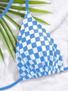 女士时尚性感格纹印花比基尼两件套泳衣套装