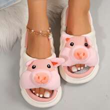Women's Cozy Pig Slippers - Plush Animal Design With Linen Slides - Pink - View 4