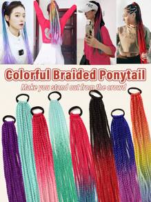 带橡皮筋的彩色辫子接发彩虹编织合成假发马尾辫发饰女孩假发派对角色扮演假发 - 彩色 - 查看 3