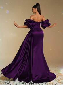 Smilprince New Elegant Formal Evening Gown, Sheath Off-Shoulder Ruffle, Bow Satin, Elegant Party, Prom Dresses For Women, For Wedding Guest - 紫色 - 查看 2