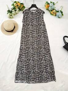 Oversized Sleeveless Leopard Print Beige Maxi Casual Dress - Beige - View 2