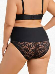 Women High Waist Lace Patchwork Breathable Solid Color Briefs - Black - View 3