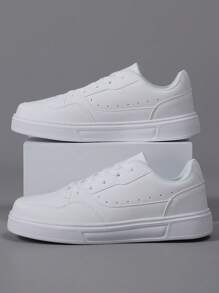 White PU Leather Low-Top Casual Sneakers For Men, Round Toe Lace-Up Flat Bottom Soft Sole Spring/Autumn