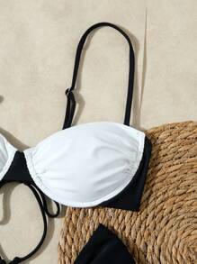 New Arrival European & American Style Solid Color Split Halter Bikini For Beach Vacation - Black and White - View 3
