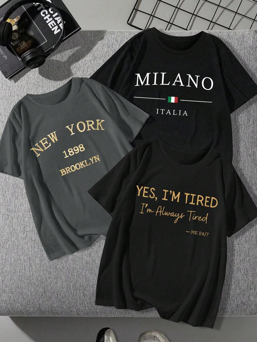 3 件套女士休闲字母图案宽松 T 恤和短裤套装，度假风格