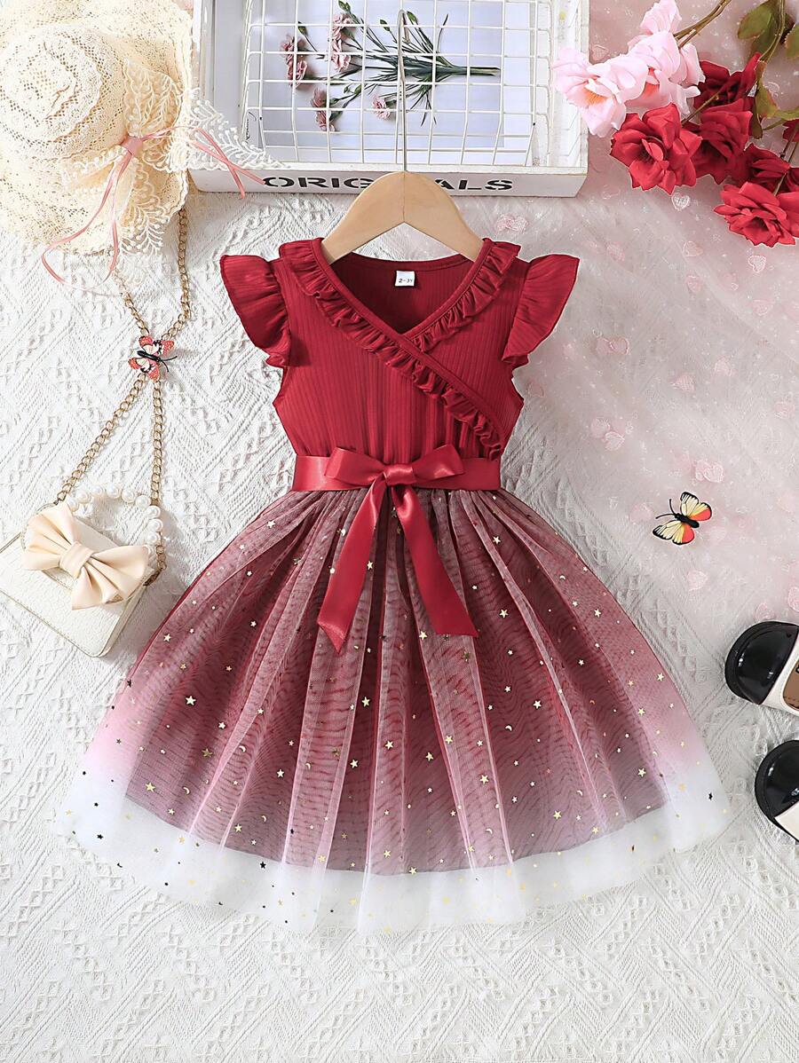 女童无袖花朵蕾丝亮片纯色网眼公主裙，夏季