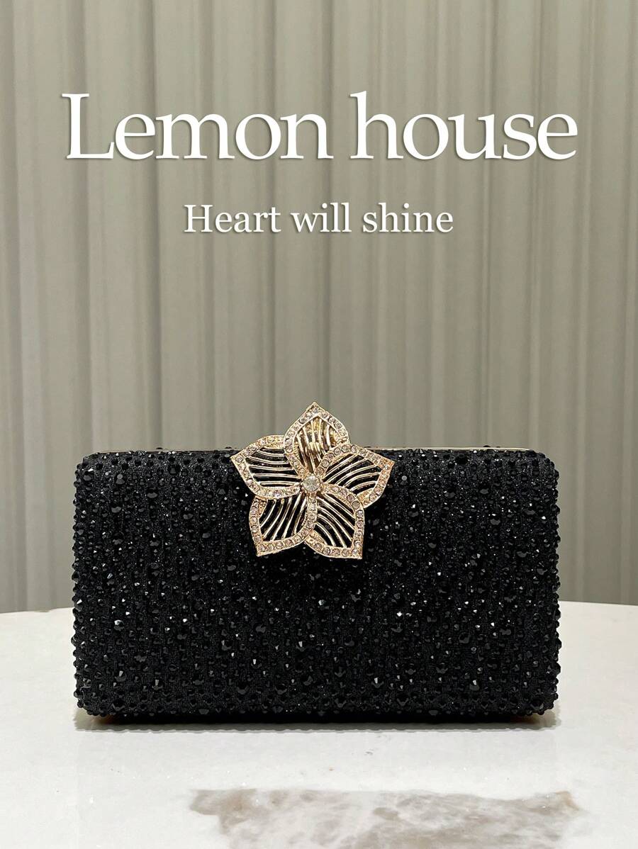Spring New Sparkling Rhinestone Decor Small Clutch Bag, Elegant Party Evening Purse For Wedding Bride, Suitable For Formal Occasions Like Gala, Party, Wedding - Black - View 1