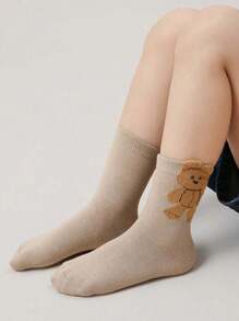 5 Pairs Cartoon Bear Striped Contrast Color Mid-Calf Socks, Cute Japanese Style Student/Casual Socks For Outdoor & Home Wear, Spring/Autumn - Multicolor - View 6