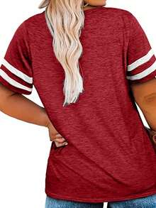 Plus Size V-Neck Striped Casual T-Shirt Summer - Hot Pink - View 2