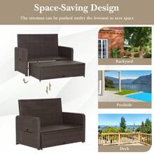 ERGOMASTER Patio Rattan Daybed Set Wicker Loveseat Sofa With Multipurpose Ottoman Adjustable Backrest Retractable Side Tray - Beige - View 2