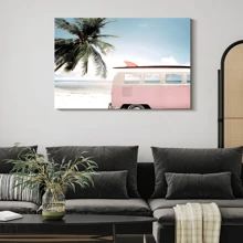 1pc Framed Canvas Poster, Pink Car With Surfboard And Palm Ocean Painting Wall Art Canvas Paintings, Ideal Gift For Bedroom Living Room Corridor Wall Art Room Decoration