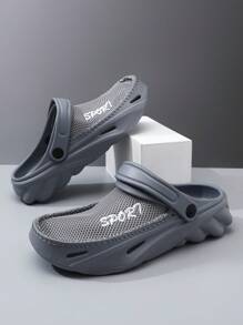 Sandalias de 2025 con ventilación, calzado tipo zuecos con tela de malla, bordado de letras en EVA y perforaciones, sandalias planas tipo Geta de madera retro para hombre para playa, boda, fiesta, oficina, gimnasio, hogar, clásico vintage de punta cerrada y slip-on, unicolor, talla grande - Gris - Ver 4