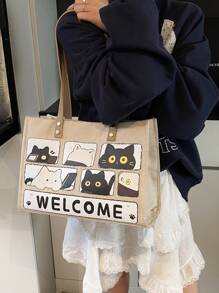 Cartoon Print Large Capacity Canvas Tote Bag,Women's Handbag,Shoulder Bag,Casual Commuting And School Bag,Spring/Summer 2025 New Arrivals