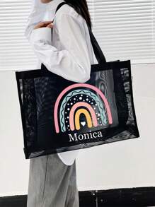 Custom Text Mesh Tote Bag,Rainbow Pattern Custom Tote Bag,Customized Beach Bags,Nylon Material Alphabet Printed Beach Mesh Tote Bag With Beach Bag,Mother's Day Gifts,Nurse Gifts,Can Be Customized To Your Unique Design,Use Tt Yourself Or Give Gifts To Others,Personalized Gifts - Black - View 7