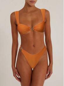 Damen Sommer Strand Metal Dekor Bikini Badeanzug Set - Rötlich-braun - Übersicht 1