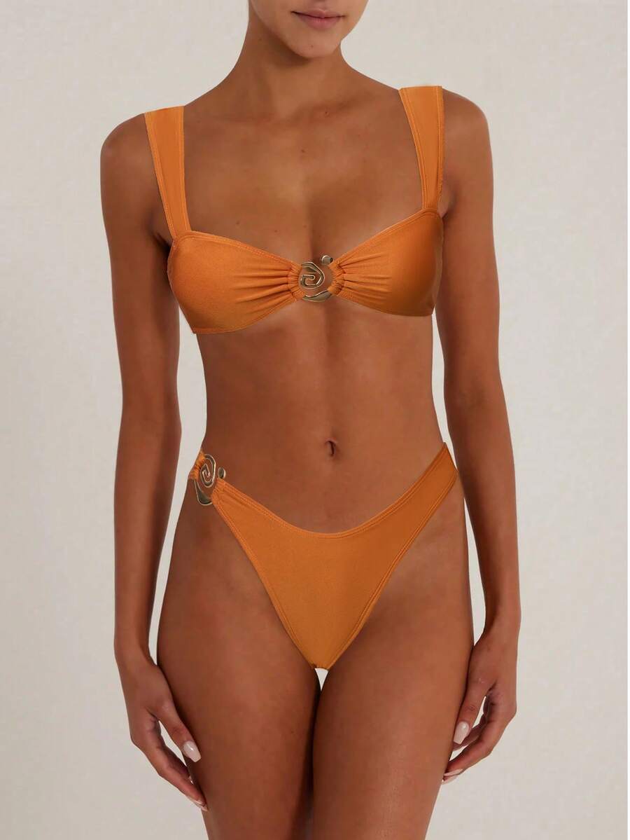 Damen Sommer Strand Metal Dekor Bikini Badeanzug Set - Rötlich-braun - Übersicht 1