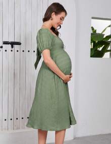 GoyRrbay Women's Short Puff Sleeve Maternity Dress Summer Sweetheart Collar Backless Dress - 軍綠色 - 查看 1