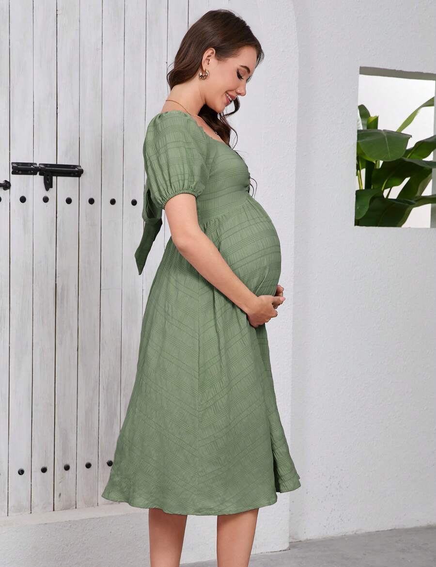 GoyRrbay Women's Short Puff Sleeve Maternity Dress Summer Sweetheart Collar Backless Dress - 軍綠色 - 查看 1