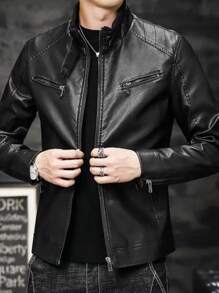 MEN'S PU LEATHER JACKET COAT - 黑色 - 查看 2