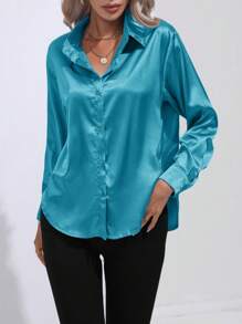 Women's Casual Turndown Collar Button Faux Silk Satin Solid Color Long Sleeve Blouse - 藍綠 - 查看 3