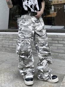 1 chiếc quần jeans cargo vintage Justice Brother, thiết kế họa tiết rằn ri, dáng rộng thoải mái, ống rộng, thương hiệu thời trang đường phố (Không bao gồm thắt lưng/phụ kiện) - Xám - Xem 5