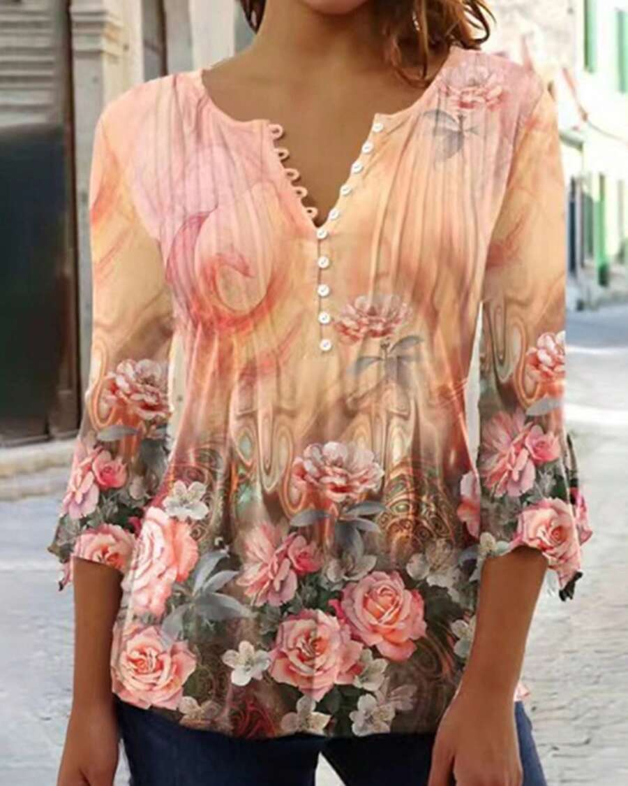 Women's Spring Summer Floral Print Shirt Tops 3/4 Sleeve Front Button V-Neck Casual Elegant Loose Blouse